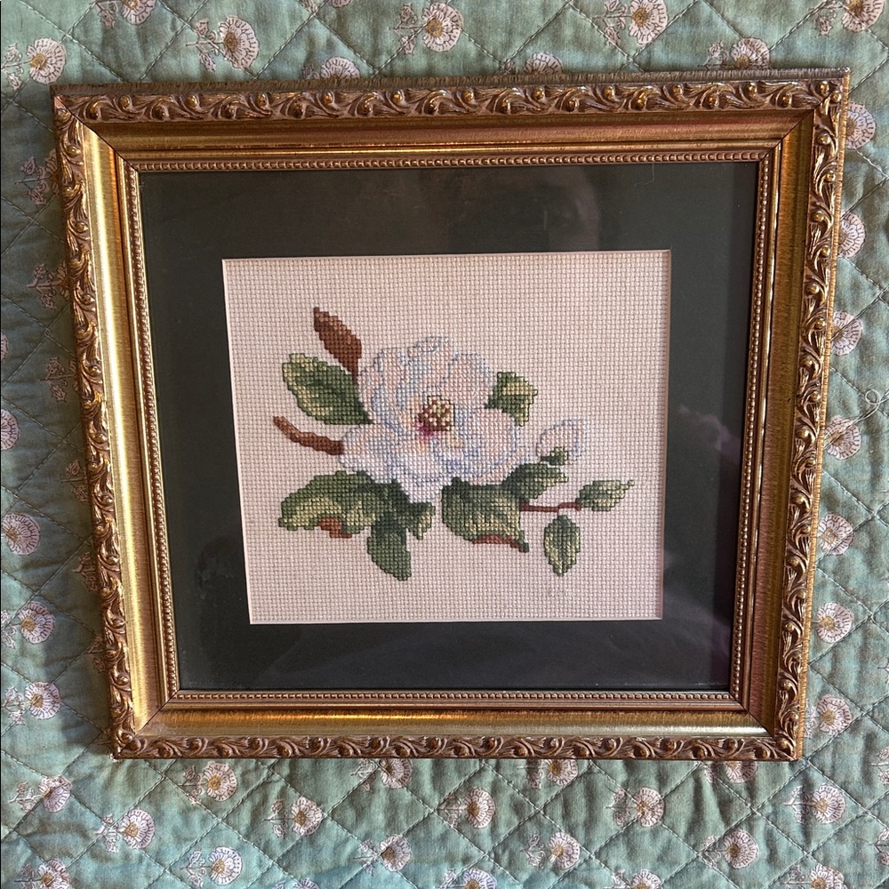 Magnolia Needlepoint in Gold Frame